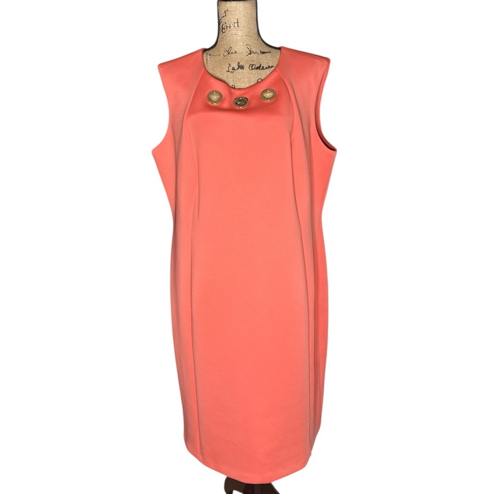 Calvin Klein Pencil Knee Length Dress Sleeveless Crew Neck Orange/Salamander 2XL